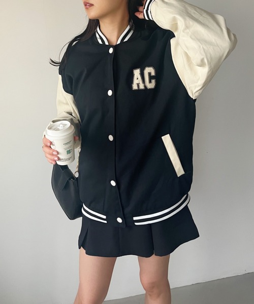 CLEA（クレア）の「ワンポイント刺繍 配色オーバーサイズスタジャン（スタジャン・レディース・ブラック/アイボリー・FREE）」の15枚目の写真