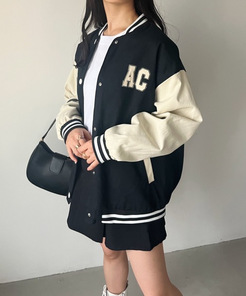 CLEA（クレア）の「ワンポイント刺繍 配色オーバーサイズスタジャン（スタジャン・レディース・ブラック/アイボリー・FREE）」の13枚目の写真