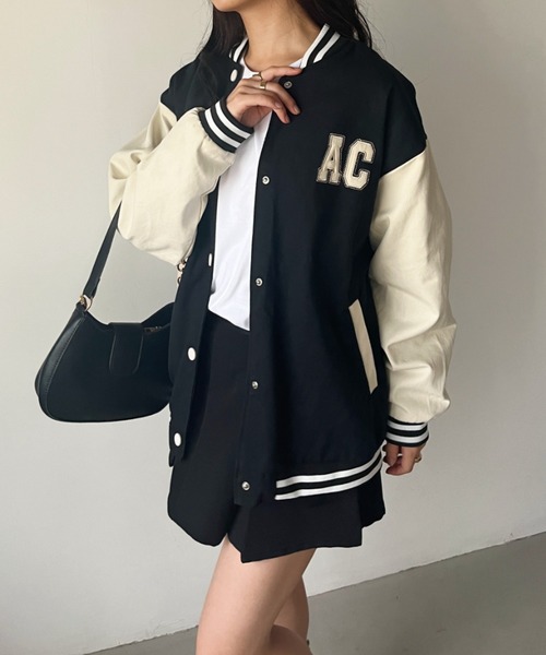 CLEA（クレア）の「ワンポイント刺繍 配色オーバーサイズスタジャン（スタジャン・レディース・ブラック/アイボリー・FREE）」の14枚目の写真