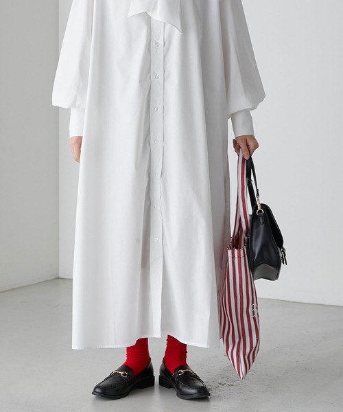 BONLECILL（ボンルシール）の「2way ボリュームスリーブ クラシカルボウタイリボンシャツワンピース（シャツワンピース・レディース・ブルー/ネイビー系/オフホワイト/ブラック系・FREE）」の6枚目の写真