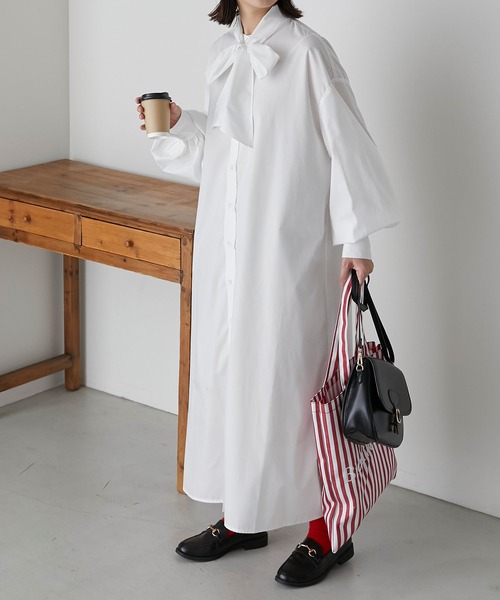 BONLECILL（ボンルシール）の「2way ボリュームスリーブ クラシカルボウタイリボンシャツワンピース（シャツワンピース・レディース・ブルー/ネイビー系/オフホワイト/ブラック系・FREE）」の9枚目の写真