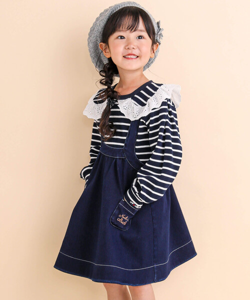 Noeil aime BeBe(ノイユエイムベベ)の「ニットデニムジャンパースカート(80~130cm)(ジャンパースカート・キッズ・ネイビー/ベージュ・110cm/120cm/90cm/100cm/130cm)」の9枚目の写真