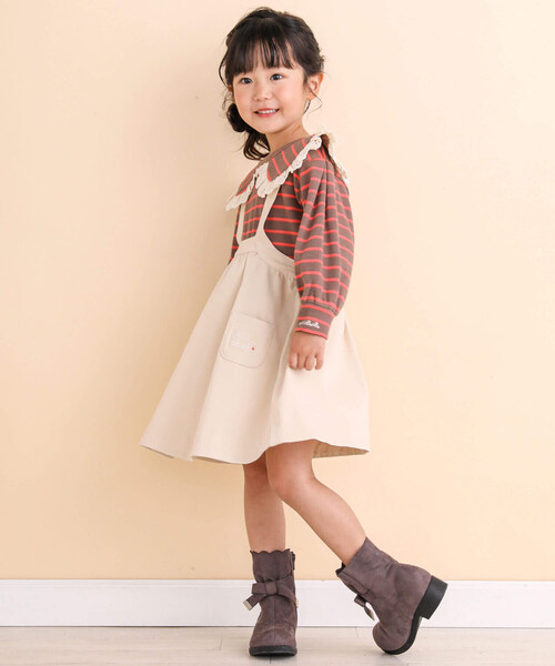 Noeil aime BeBe(ノイユエイムベベ)の「ニットデニムジャンパースカート(80~130cm)(ジャンパースカート・キッズ・ネイビー/ベージュ・110cm/120cm/90cm/100cm/130cm)」の11枚目の写真