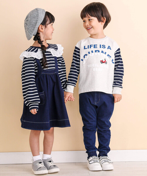 Noeil aime BeBe(ノイユエイムベベ)の「ニットデニムジャンパースカート(80~130cm)(ジャンパースカート・キッズ・ネイビー/ベージュ・110cm/120cm/90cm/100cm/130cm)」の12枚目の写真