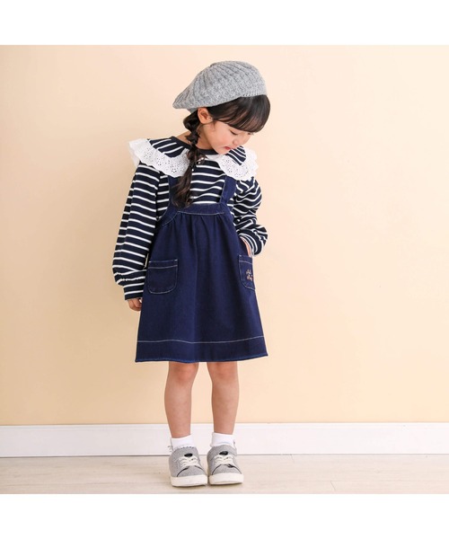 Noeil aime BeBe(ノイユエイムベベ)の「ニットデニムジャンパースカート(80~130cm)(ジャンパースカート・キッズ・ネイビー/ベージュ・110cm/120cm/90cm/100cm/130cm)」の8枚目の写真