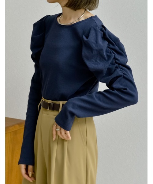 Re:EDIT(リエディ)の「パフスリーブクルーネックリブカットソートップス(Tシャツ/カットソー・レディース・ホワイト/ネイビー/ホワイト×ブラック/ブルー/グレー/ブラック/レッド・MEDIUM/LARGE)」の8枚目の写真