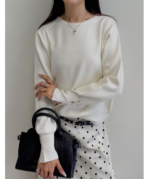 新色追加]ミラノリブ袖ボタンクルーネックニットトップス