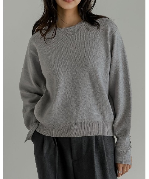 セール】[新色追加]ミラノリブ袖ボタンクルーネックニットトップス