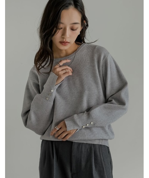 セール】[新色追加]ミラノリブ袖ボタンクルーネックニットトップス