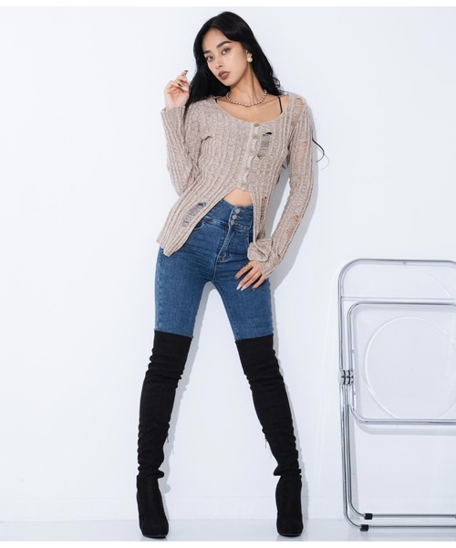 LATINA(ラティーナ)の「メランジ タイトフィット ダメージ Vネック ニット 長袖(ニット/セーター・レディース・ブラック/ベージュ・FREE)」の4枚目の写真
