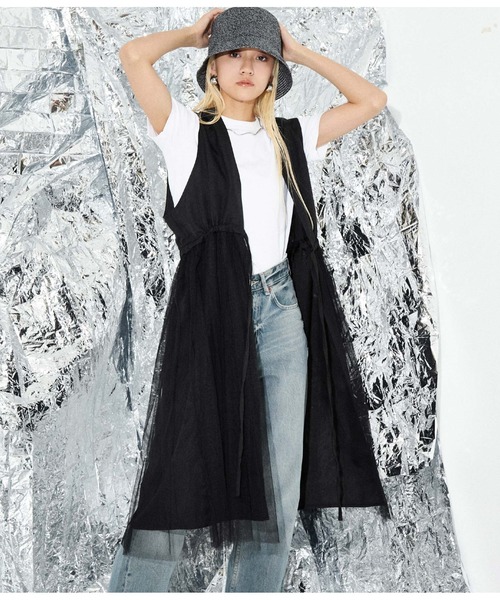 Settimissimo（セッティミッシモ）の「リネンタッチ 切替チュール ロングジレ ベスト（ベスト・レディース・ベージュ/ブラック・M）」の3枚目の写真