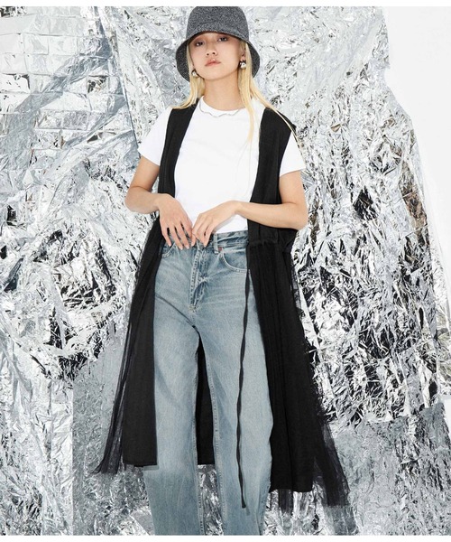 Settimissimo（セッティミッシモ）の「リネンタッチ 切替チュール ロングジレ ベスト（ベスト・レディース・ベージュ/ブラック・M）」の4枚目の写真