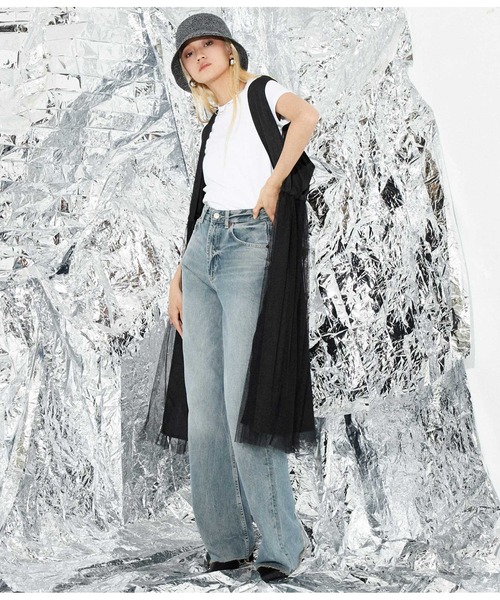 Settimissimo（セッティミッシモ）の「リネンタッチ 切替チュール ロングジレ ベスト（ベスト・レディース・ベージュ/ブラック・M）」の5枚目の写真