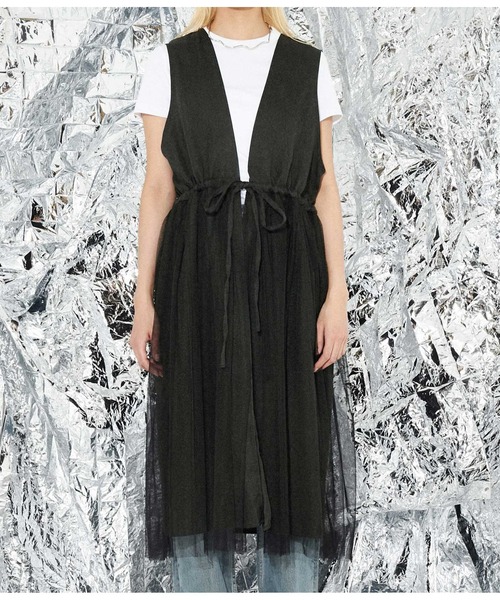 Settimissimo（セッティミッシモ）の「リネンタッチ 切替チュール ロングジレ ベスト（ベスト・レディース・ベージュ/ブラック・M）」の16枚目の写真