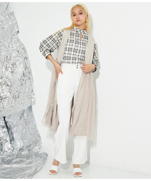 Settimissimo（セッティミッシモ）の「リネンタッチ 切替チュール ロングジレ ベスト（ベスト・レディース・ベージュ/ブラック・M）」の14枚目の写真