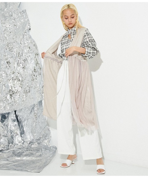 Settimissimo（セッティミッシモ）の「リネンタッチ 切替チュール ロングジレ ベスト（ベスト・レディース・ベージュ/ブラック・M）」の15枚目の写真