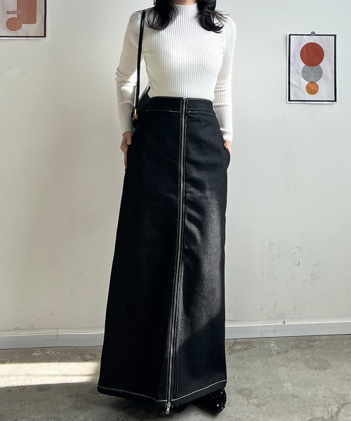 Futier land(フューティアランド)の「フロントジップデニムスカート(デニムスカート・レディース・ブラック/インディゴブルー・FREE)」の4枚目の写真