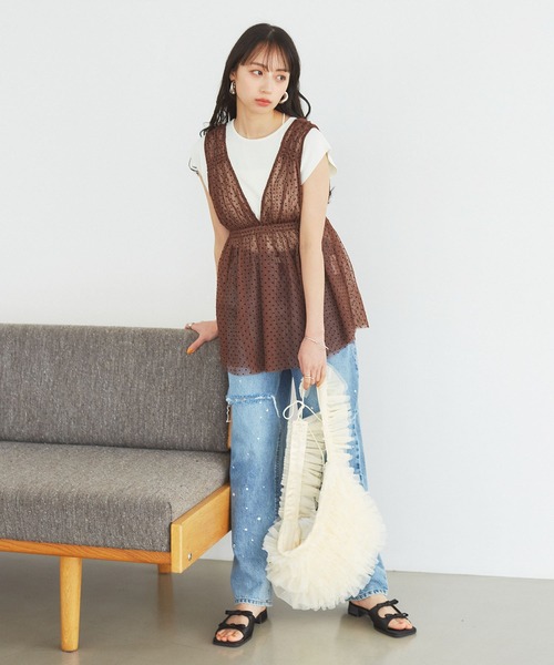 VIS（ビス）の「フロッキードットチュールチュニック（シャツ/ブラウス・レディース・ホワイト/ブラック/ダークブラウン・FREE）」の21枚目の写真