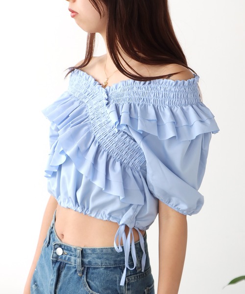 ROOPTOKYO（ループトウキョウ）の「フリル オフショル トップス（Tシャツ/カットソー・レディース・ブルー/ホワイト/ピンク・FREE）」の14枚目の写真