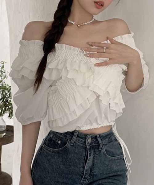 ROOPTOKYO（ループトウキョウ）の「フリル オフショル トップス（Tシャツ/カットソー・レディース・ブルー/ホワイト/ピンク・FREE）」の22枚目の写真