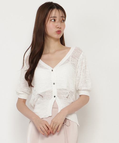 REDYAZEL（レディアゼル）の「シアーニット半袖カーディガントップス（カーディガン/ボレロ・レディース・ブラック/オフホワイト/ピンク・FREE）」の2枚目の写真