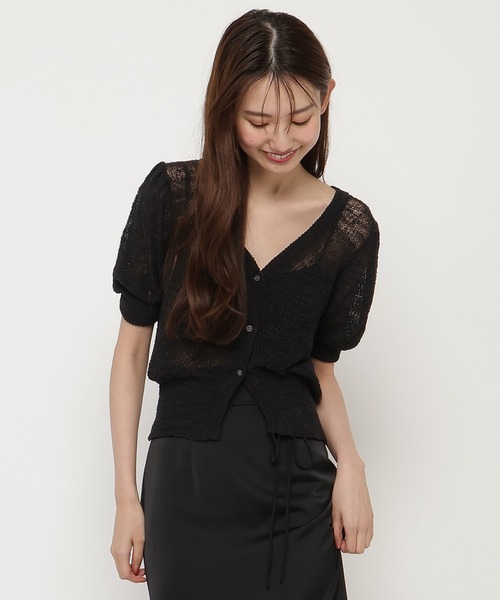 REDYAZEL（レディアゼル）の「シアーニット半袖カーディガントップス（カーディガン/ボレロ・レディース・ブラック/オフホワイト/ピンク・FREE）」の16枚目の写真