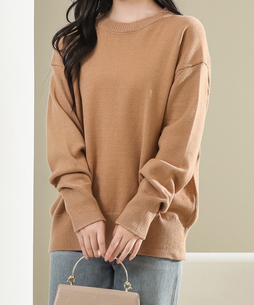 セール】ソリッドカラー ラウンドネック 長袖 ニット プルオーバー