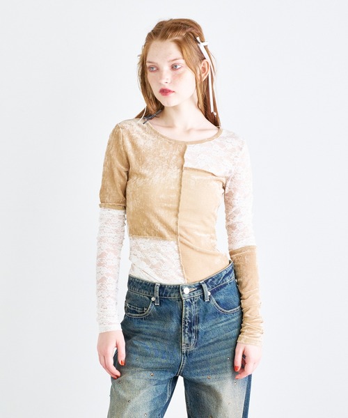 anna sui nyc(アナ スイ エヌ ワイ シー)の「レース×シアーベロア 切替ロングTシャツ(Tシャツ/カットソー・レディース・ブラック/ベージュ・FREE)」の13枚目の写真