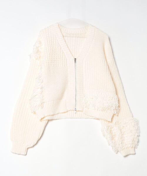 セール】編地切替フリンジバルキーZIPショートカーディガン
