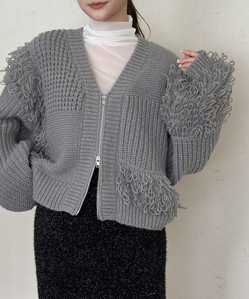セール】編地切替フリンジバルキーZIPショートカーディガン