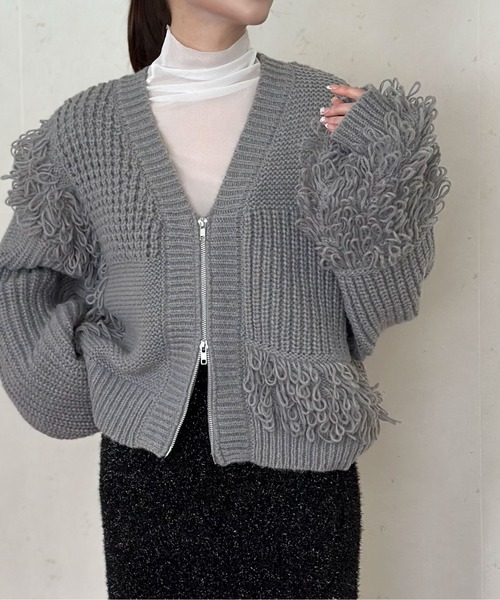 セール】編地切替フリンジバルキーZIPショートカーディガン