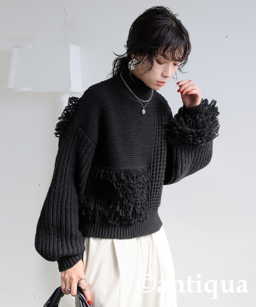 antiqua(アンティカ)の「ドッキングフリンジニット(ニット/セーター・レディース・グレー/ブラック・ONESIZE)」の11枚目の写真