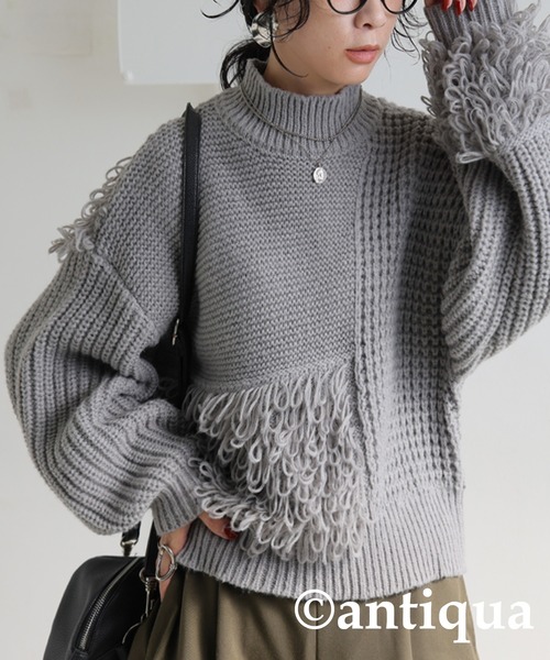 antiqua(アンティカ)の「ドッキングフリンジニット(ニット/セーター・レディース・グレー/ブラック・ONESIZE)」の14枚目の写真