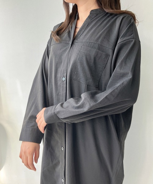 AS KNOW シャツワンピース 異素材合わせて7分袖シャツワンピース