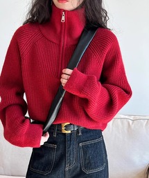 ハーフジップ」に該当するニット/セーター（レッド/赤色系・無地