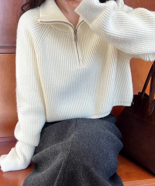 Doula Doula(ドゥーラドゥーラ)の「ハーフジップリブニット(ニット/セーター・レディース・ブラック/オフホワイト/レッド/ブラウン・FREE)」の10枚目の写真