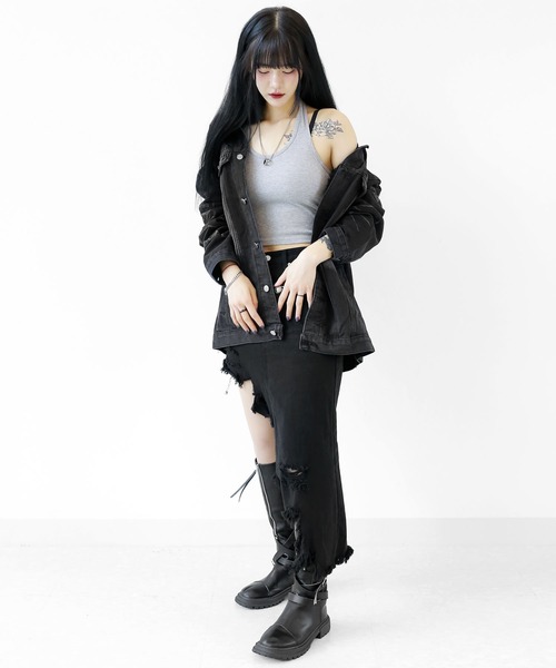 minsobi（ミンソビ）の「ブリーチ ブラックデニムジャケット ケミカルウォッシュデニムジャケット Gジャン ビッグシルエットジャケット ライトアウター（デニムジャケット・メンズ・ブラック・FREE）」の11枚目の写真