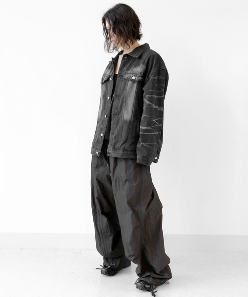 minsobi（ミンソビ）の「ブリーチ ブラックデニムジャケット ケミカルウォッシュデニムジャケット Gジャン ビッグシルエットジャケット ライトアウター（デニムジャケット・メンズ・ブラック・FREE）」の5枚目の写真