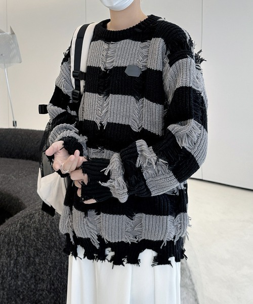 FVLMEN(フルメン)の「【FVLMEN】damage border knit pullover/ダメージ ボーダー ニット プルオーバー(ニット/セーター・メンズ・ベージュ/ブラック・MEDIUM/LARGE/X-LARGE)」の5枚目の写真