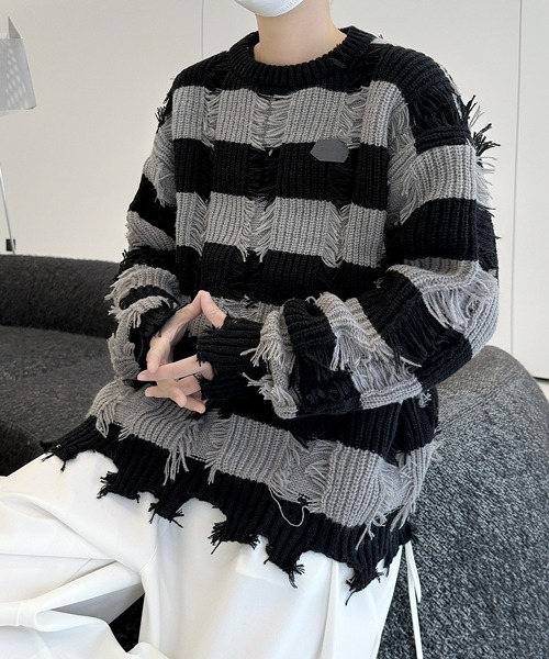 FVLMEN(フルメン)の「【FVLMEN】damage border knit pullover/ダメージ ボーダー ニット プルオーバー(ニット/セーター・メンズ・ベージュ/ブラック・MEDIUM/LARGE/X-LARGE)」の3枚目の写真