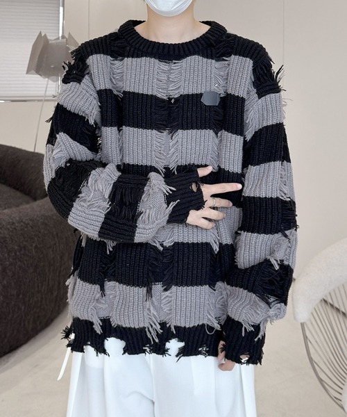 FVLMEN(フルメン)の「【FVLMEN】damage border knit pullover/ダメージ ボーダー ニット プルオーバー(ニット/セーター・メンズ・ベージュ/ブラック・MEDIUM/LARGE/X-LARGE)」の6枚目の写真