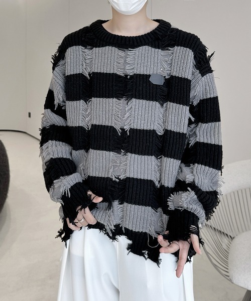 FVLMEN(フルメン)の「【FVLMEN】damage border knit pullover/ダメージ ボーダー ニット プルオーバー(ニット/セーター・メンズ・ベージュ/ブラック・MEDIUM/LARGE/X-LARGE)」の9枚目の写真