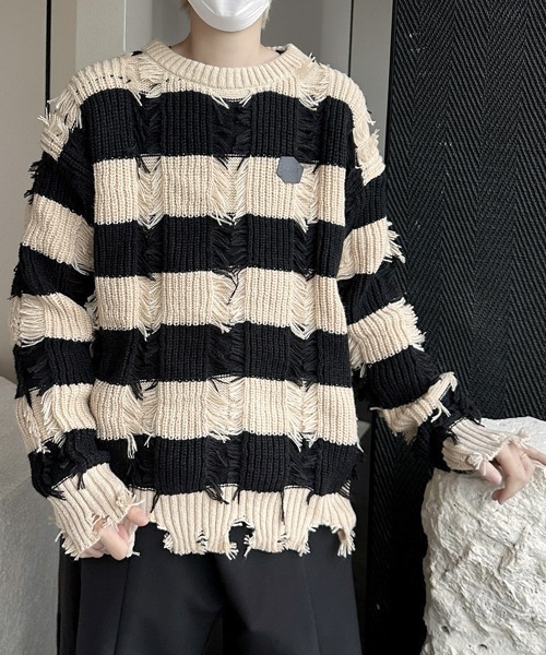 FVLMEN(フルメン)の「【FVLMEN】damage border knit pullover/ダメージ ボーダー ニット プルオーバー(ニット/セーター・メンズ・ベージュ/ブラック・MEDIUM/LARGE/X-LARGE)」の16枚目の写真