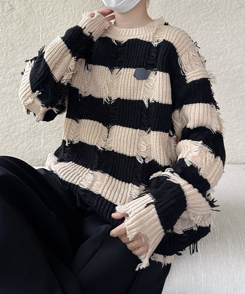 FVLMEN(フルメン)の「【FVLMEN】damage border knit pullover/ダメージ ボーダー ニット プルオーバー(ニット/セーター・メンズ・ベージュ/ブラック・MEDIUM/LARGE/X-LARGE)」の21枚目の写真