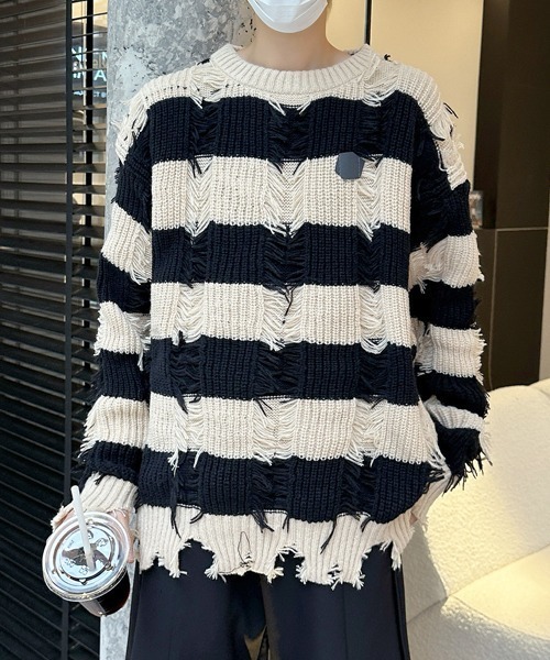 FVLMEN(フルメン)の「【FVLMEN】damage border knit pullover/ダメージ ボーダー ニット プルオーバー(ニット/セーター・メンズ・ベージュ/ブラック・MEDIUM/LARGE/X-LARGE)」の15枚目の写真