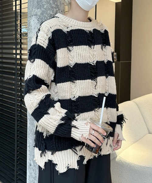 FVLMEN(フルメン)の「【FVLMEN】damage border knit pullover/ダメージ ボーダー ニット プルオーバー(ニット/セーター・メンズ・ベージュ/ブラック・MEDIUM/LARGE/X-LARGE)」の14枚目の写真