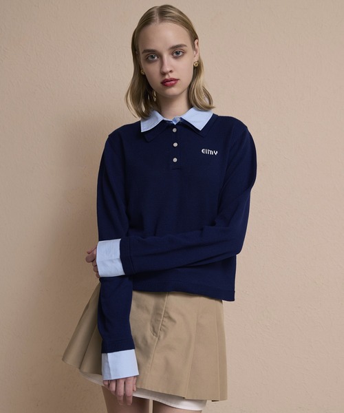 eimyistoireエイミーイストワールグレー 水色 襟 長袖ニットポロシャツ