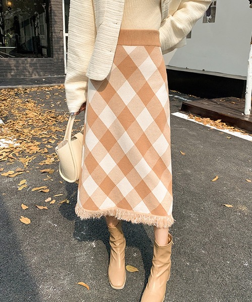 セール】チェック柄裾フリンジニットスカート（スカート）｜MILAE  