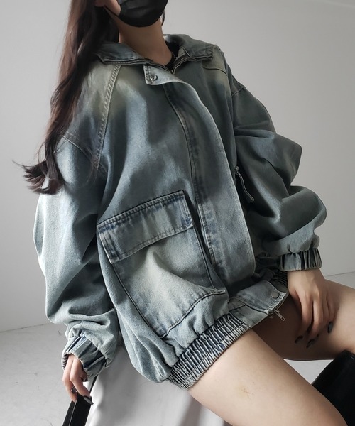 me+em select（ミームセレクト）の「【 ２color 】ヴィンテージデニムダブルジップフードブルゾン ／ vintage denim double zip hoodie blouson（デニムジャケット・レディース・ブルー/ブラック・FREE）」の5枚目の写真