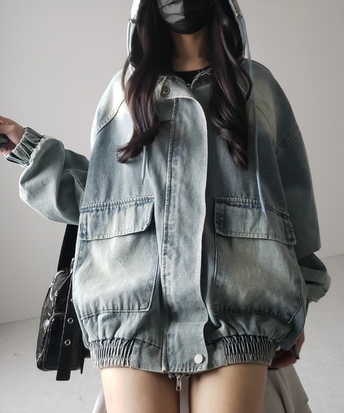 me+em select（ミームセレクト）の「【 ２color 】ヴィンテージデニムダブルジップフードブルゾン ／ vintage denim double zip hoodie blouson（デニムジャケット・レディース・ブルー/ブラック・FREE）」の9枚目の写真